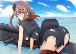  all_fours black_dress blue_eyes breasts brown_hair burnt_clothes cloud cloudy_sky day dress flight_deck from_behind hair_ribbon hanging_breasts highres impossible_clothes isane kantai_collection large_breasts looking_at_viewer partially_submerged ponytail red_legwear remodel_(kantai_collection) ribbon saratoga_(kantai_collection) short_sleeves side_ponytail sky smokestack solo thighhighs thighs torn_clothes water 
