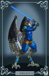  armor avian beak blue_feathers cel_shading claws clothed clothing feathers jedi jewelry lightsaber melee_weapon necklace pose simple_background star_wars talons text thenyr topless valy_j._thunderbeast weapon wings 