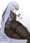  arm_support ass back black_legwear blush crotch_seam from_behind gloves gradient gradient_background grey_hair highres kantai_collection kyuuso_inukami long_hair looking lying murakumo_(kantai_collection) on_side panties panties_under_pantyhose pantyhose solo thighband_pantyhose twitter_username underwear white_background yellow_eyes 