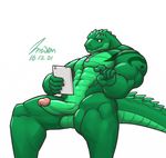  2016 5_fingers abs alligator anthro balls biceps crocodilian digital_media_(artwork) dog_tags erection green_balls green_penis green_scales green_tail hi_res holding_object humanoid_hands humanoid_penis intven96 male muscular muscular_male nude pecs penis pointing reclining reptile scales scalie signature simple_background solo tablet vein veiny_penis white_background white_eyes 