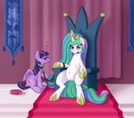  &lt;3 2016 bdsm carpet chair coinpo collar crown cutie_mark duo equine feathered_wings feathers female feral friendship_is_magic fur hair horn inside leash looking_at_viewer mammal multicolored_hair my_little_pony princess_celestia_(mlp) purple_fur sitting smile tapestry throne twilight_sparkle_(mlp) unicorn white_fur winged_unicorn wings 