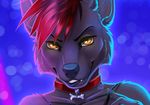  2015 anthro arilth biting_lip black_lips black_nose canine collar detailed digital_media_(artwork) female front_view fur garter_straps grey_fur hair looking_at_viewer mammal mostly_nude multicolored_eyes nightclub portrait red_eyes red_hair solo wolf wyla yellow_eyes 