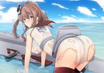  all_fours ass blue_eyes breasts brown_hair burnt_clothes cloud cloudy_sky day dress flight_deck from_behind hair_ribbon hanging_breasts highres impossible_clothes isane kantai_collection large_breasts looking_at_viewer partially_submerged ponytail pussy red_legwear ribbon saratoga_(kantai_collection) see-through short_sleeves side_ponytail sky smokestack solo thighhighs thighs torn_clothes water white_dress 