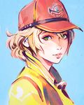  baseball_cap blonde_hair cidney_aurum final_fantasy final_fantasy_xv goggles goggles_around_neck green_eyes hat highres ilya_kuvshinov looking_at_viewer short_hair simple_background solo 