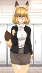  2016 amber_eyes black_nose blonde_hair blush brown_fur buried_frog canine clothed clothing female fox fur hair hi_res inside jacket looking_at_viewer mammal open_mouth shirt short_hair skirt solo standing white_fur yellow_fur 