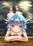  arm_rest ass bath blue_eyes blue_hair blush breasts cirno collarbone commentary_request crossed_arms highres ice ice_wings kirimori_toya long_hair looking_at_viewer moonlight nude onsen partially_submerged reflection ripples small_breasts smile solo touhou wet wings 