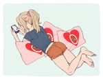  alternate_hairstyle aqua_background barefoot blonde_hair blue_shirt casual cellphone feet from_behind full_body girls_und_panzer holding kay_(girls_und_panzer) long_hair lying on_stomach orange_shorts phone pillow ponytail scrunchie shirt short_shorts short_sleeves shorts simple_background smartphone soles solo the_pose torinone yes yes-no_pillow 