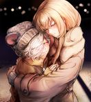  animal_hat bangs beanie blonde_hair blurry blush bokeh closed_eyes closed_mouth coat depth_of_field enpera fur_trim gokotai hair_over_one_eye hand_on_another's_back hands_on_another's_chest hat hat_with_ears head_to_head hug knit_hat long_hair long_sleeves male_focus midare_toushirou multiple_boys night one_eye_covered scarf smile tiger_hat touken_ranbu uesakomika upper_body wavy_mouth white_hair 