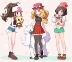  bare_legs baseball_cap beanie black_hair black_legwear blonde_hair blue_eyes cutoff_jeans cutoffs denim denim_shorts dog full_body furfrou gen_5_pokemon gen_6_pokemon gen_7_pokemon hat kurochiroko lillipup long_hair mizuki_(pokemon) multiple_girls odd_one_out pokemon pokemon_(creature) pokemon_(game) pokemon_bw pokemon_sm pokemon_xy rockruff serena_(pokemon) shirt short_hair short_shorts shorts skirt smile sunglasses t-shirt thighhighs touko_(pokemon) trait_connection zettai_ryouiki 