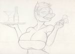  alcohol anthro beverage canine clothed clothing eyewear female fox glasses kraken_(artist) looking_at_viewer mammal money monochrome sketch skimpy smile solo standing traditional_media_(artwork) 