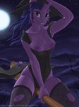  2016 absurd_res anthro anthrofied areola breasts broom clothed clothing equine female friendship_is_magic full_moon hair halloween hat hi_res holidays horn ldr legwear long_hair looking_at_viewer magic_user mammal moon my_little_pony night nipples outside purple_eyes purple_nipples purple_skin sky solo star tree twilight_sparkle_(mlp) unicorn witch_hat 