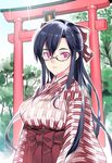  breasts coin_rand day glasses hakama japanese_clothes large_breasts long_hair meiji_schoolgirl_uniform original outdoors parted_lips pink_eyes purple_hair red_hakama semi-rimless_eyewear sky solo torii tree under-rim_eyewear very_long_hair yagasuri 