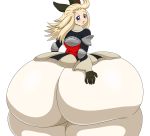  1girl ahoge ass bad_proportions blonde_hair blue_eyes blush bow bravely_default:_flying_fairy bravely_default_(series) breasts curvy edea_lee from_behind gloves hair_bow highres huge_ass long_hair looking_back mechacross narrow_waist open_mouth pants shiny shiny_hair simple_background small_breasts solo thick_thighs thighs white_background wide_hips 