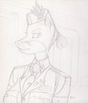  anthro canine clothed clothing female fox hat kraken_(artist) looking_at_viewer mammal monochrome solo traditional_media_(artwork) 