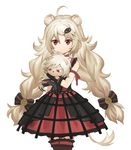  1girl ahoge ailane_(show_by_rock!!) aion_(show_by_rock!!) animal_ears bad_id bad_twitter_id black_gloves blonde_hair blush bow braid dagger_morse dress elbow_gloves gloves hair_bow hair_ornament hairclip holding long_hair looking_down red_eyes show_by_rock!! sweatdrop twin_braids 