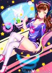  ;) adapted_costume animal_print artist_name bangs breasts brown_eyes brown_hair bunny_print casual cellphone chair choker cleavage closed_mouth collarbone crossed_legs d.va_(overwatch) drink drinking_straw facepaint facial_mark headphones high_heels highres holding holographic_interface jewelry long_hair looking_at_viewer medium_breasts one_eye_closed overwatch pendant phone rezo-sempai science_fiction shirt short_sleeves signature sitting smartphone smile solo star swept_bangs thighhighs v-neck watermark web_address whisker_markings white_legwear 