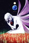  2015 ayanami_rei breasts dated earth end_of_evangelion from_side highres lilith_(ayanami_rei) medium_breasts multiple_wings navel neon_genesis_evangelion nude partially_submerged red_eyes sahra3721 short_hair sideboob solo space star_(sky) sun white_hair white_skin wings 