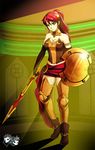  armor bare_shoulders boots breasts cleavage elbow_gloves gloves green_eyes jadenkaiba large_breasts light_rays long_hair looking_at_viewer polearm ponytail pyrrha_nikos red_hair rwby shield solo spear thighs weapon 