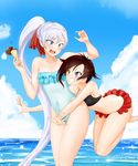  alfred_cullado arms_around_waist bikini blue_eyes blue_sky blush breasts brown_hair cleavage cloud day food grin highres ice_cream jumping legs long_hair multiple_girls navel one-piece_swimsuit ruby_rose rwby short_hair silver_eyes sky small_breasts smile swimsuit tackle thighs weiss_schnee white_hair 
