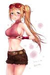  bare_shoulders belt blonde_hair blue_eyes blush breasts covered_nipples eyewear_on_head green_eyes kanae_(sekaiju) large_breasts long_hair md5_mismatch midriff navel po_ni sekaiju_no_meikyuu sekaiju_no_meikyuu_3 shorts side_ponytail sideboob solo sunglasses 