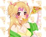  :t bell bell_collar blonde_hair blush breasts cheese_trail cleavage collar collarbone company_name crush_crush eating elbow_gloves english eyebrows eyebrows_visible_through_hair fingerless_gloves food gloves green_jacket green_pepper hair_ribbon holding holding_food holding_pizza jacket long_hair medium_breasts mio_(crush_crush) multicolored_hair neck_ribbon neuzu off_shoulder olive pepperoni pink_hair pink_ribbon pizza pizza_background red_eyes ribbon short_sleeves solo streaked_hair striped striped_gloves two-tone_hair two_side_up upper_body watermark white_background 