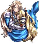  armor blonde_hair bow brown_hair chain collar earrings gauntlets granblue_fantasy hair_bow hug jewelry kamotama katalina_aryze leash long_hair looking_at_another multiple_girls open_mouth orange_eyes ponytail red_eyes smile vira_lilie 
