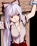 blood blood_on_face bound bow breasts cleavage cross crucifixion frown fujiwara_no_mokou hair_bow hair_ribbon highres long_hair medium_breasts miyo_(ranthath) open_clothes open_shirt pants red_eyes restrained ribbon shirt solo stationary_restraints suspenders torn_clothes torn_sleeves touhou 