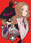  2016 ;) brown_eyes brown_hair dated feathers finger_to_mouth gloves hat hat_feather lips looking_at_viewer mask okumura_haru one_eye_closed persona persona_5 purple_eyes purple_gloves red_background ribbed_sweater short_hair simple_background smile solo star sweater wand3754 