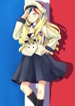  belt beret blonde_hair blue_dress blue_eyes breasts cleavage commandant_teste_(kantai_collection) dress flag_background french_flag hat irohakaede jacket kantai_collection large_breasts long_hair multicolored_hair one_eye_closed pom_pom_(clothes) salute scarf shadow smile solo 