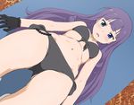  anitore!_ex ass_visible_through_thighs bikini black_bikini black_gloves blue_eyes blush breasts cleavage commentary_request drill_hair foreshortening gloves groin heterochromia kosyooka long_hair looking_at_viewer navel purple_hair small_breasts solo sweat swimsuit tachibana_shion thighs twin_drills wide_hips 