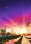  bridge canal cloud dusk grass highres monorisu no_humans original outdoors path power_lines reflection road rural scenery sky star_(sky) starry_sky sunset telephone_pole transmission_tower tree twilight water 