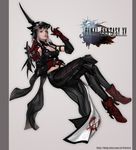  aranea_highwind armor breasts cape cleavage copyright_name crossed_legs final_fantasy final_fantasy_xv frostce highres logo looking_at_viewer medium_breasts midriff navel silver_hair sitting solo visor_(armor) 
