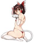  absurdres animal_ears ass bare_shoulders benikurage benjamin_button_suukina_jinsei bikini blush bow breasts brown_hair cat_ears cat_tail cookie_(touhou) gloves grin hair_bow hair_tubes hakurei_reimu highres kemonomimi_mode looking_at_viewer one_eye_closed orange_eyes paws red_bikini red_bow simple_background small_breasts smile solo swimsuit tail thighhighs thong thong_bikini touhou white_background white_gloves white_legwear 