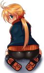 ass bike_shorts blonde_hair boots commentary_request from_behind green_eyes highres jacket koshirae_tsurugi long_hair looking_back m.m original ponytail shorts sitting socks solo track_jacket 