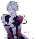  2016 alternate_costume blue_eyes closed_mouth copyright_name dated epaulettes fingernails gloves hair_over_one_eye looking_to_the_side male_focus outstretched_arms pale_skin partly_fingerless_gloves silver_hair simple_background smile solo viktor_nikiforov wand3754 white_background yuri!!!_on_ice 