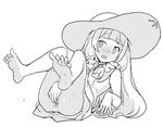  anus barefoot braid dress feet fingering full_body greyscale hat heriyama lillie_(pokemon) long_hair lying masturbation monochrome on_back open_mouth pokemon pokemon_(game) pokemon_sm pussy_juice simple_background sleeveless sleeveless_dress solo sun_hat twin_braids white_background 