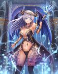  1girl bare_shoulders black_thighhighs black_wings blue_eyes breasts cape cleavage corset demon_girl detached_sleeves dragon_girl female hair_ornament horns ice indoors long_hair looking_at_viewer lunacle mage magic magician necklace original panties silver_hair snow solo sorceress staff standing thighhighs tiara weapon wings 