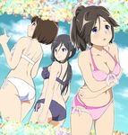  ass bikini black_bikini black_hair blue_eyes breast_hold breasts brown_hair cleavage day eyewear_removed frilled_bikini frills glasses hair_between_eyes hibike!_euphonium kasaki_nozomi kosyooka layered_bikini long_hair medium_breasts mole mole_under_eye multiple_girls nakaseko_kaori open_mouth pink_bikini ponytail purple_eyes short_hair side-tie_bikini smile swimsuit tanaka_asuka white_bikini 