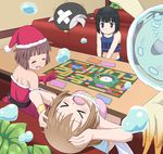  &gt;_&lt; asphyxiation bandages bangs bikini black_hair blunt_bangs brown_hair closed_eyes drowning elbow_gloves game_of_life gloves hanami_yuzuka hands_on_own_head hat kosyooka magical_girl mahou_shoujo_nante_mou_ii_desukara. miton multiple_girls pochi_(mahoii) red_gloves sakagami_chiya santa_costume santa_hat shinogi_mafuyu short_hair swimsuit table tearing_up water 