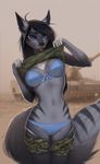  2016 5_fingers anthro black_hair black_lips black_nose black_sclera blue_eyes blurred_background bra breasts camel_toe canine chest_tuft clothed clothing clothing_lift day eyebrows eyelashes female fluffy fluffy_tail fur grey_fur hair hi_res inner_ear_fluff looking_at_viewer mammal navel neri outside panties partially_clothed shirt shirt_lift smile solo tank teeth totesfleisch8 tuft underwear undressing vehicle wide_hips wolf 