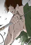  2015 blood brown_hair cuts dated gradient gradient_background holding holding_sword holding_weapon injury ishikirimaru male_focus parted_lips solo sword torn_clothes touken_ranbu wand3754 weapon yellow_eyes 