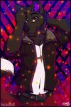  2016 abstract_background anthro belt black_border black_fur black_nose black_tail border brown_eyes canine clothed clothing daemon_(reidc) digital_media_(artwork) front_view fur half-length_portrait hand_on_head hi_res higsby inner_ear_fluff jacket male mammal multicolored_fur navel open_jacket pants portrait pose purple_fur signature smile solo standing two_tone_tail white_fur white_tail wolf 