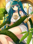  alternate_costume asato_(fadeless) bare_shoulders breasts choker cleopatra_(fate/grand_order) earrings fate/grand_order fate_(series) green_eyes green_hair highres jewelry large_breasts long_hair looking_at_viewer necklace rainbow ring smile snake solo wrist_guards 