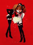  :d androgynous ankle_boots black_footwear black_jacket black_legwear black_shorts boots bouquet brown_hair chara_(undertale) chrysanthemum closed_mouth collared_shirt crossed_legs dark_skin dress_shirt english eye_contact floating flower formal frame frisk_(undertale) from_side full_body hand_on_hip high_heel_boots high_heels holding holding_bouquet iei jacket leaning_forward long_sleeves looking_at_another multiple_others neck_ribbon open_mouth pale_skin petals profile red_background red_eyes ribbon shirt short_hair short_shorts shorts simple_background smile soseji_(tjduswjd) spoilers standing suit thighhighs undertale white_flower white_shirt 