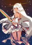  altera_(fate) back bangs dark_skin fate/grand_order fate_(series) frilled_skirt frills from_behind hand_up highres holding holding_sword holding_weapon light_particles looking_at_viewer looking_back photon_ray red_eyes ronopu skirt sky solo sword thighs veil weapon white_hair white_skirt 