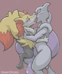  2016 ambiguous_female black_fur braixen canine dark_nek0gami drooling feline female fox french_kissing fur interspecies kissing legendary_pok&eacute;mon mammal mewtwo nintendo pok&eacute;mon purple_skin pussy_juice red_fur saliva side_view size_difference smaller_female tongue tongue_out video_games white_fur yellow_fur 