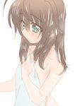  ahoge blue_eyes blue_towel blush brown_hair collarbone covering fuuka_reventon hair_down long_hair lyrical_nanoha nude_cover san-pon shiny shiny_hair sidelocks simple_background sketch solo towel vivid_strike! wet white_background 