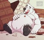  2016 5_toes anthro bear belly big_belly black_lips black_nipples black_nose blue_eyes candy chocolate claws digital_media_(artwork) eyebrows fangs food fur hand_on_stomach licking licking_lips lips male mammal moobs navel nipples nude obese open_mouth overweight overweight_male pink_tongue plantigrade polar_bear reclining skaifox soles solo teeth toe_claws toes tongue tongue_out watermark weight_gain white_fur 