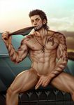  1boy abs bara car final_fantasy final_fantasy_xv gladiolus_amicitia looking_at_viewer male_focus muscle naughty_face nude outdoors pecs sitting solo tattoo underwear undressing 