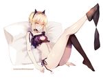  2016 animal_ears artoria_pendragon_(all) ass bell bell_choker black_bra black_legwear black_panties blonde_hair bra breasts cat_ears cat_lingerie choker cleavage dated fate/stay_night fate_(series) looking_at_viewer meme_attire navel pale_skin panties pillow saber_alter simple_background sitting small_breasts solo thighhigh_dangle thighhighs thighhighs_pull twitter_username underwear weapon weed_(astarone) yellow_eyes 